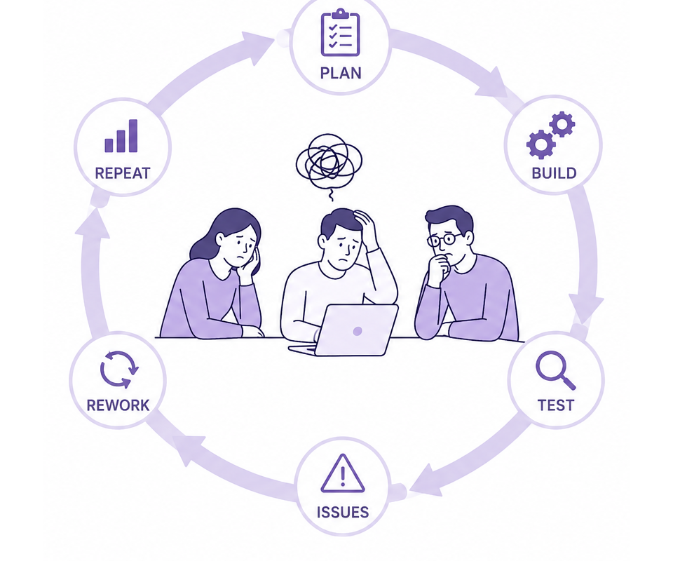 Team caught in a plan, build, test, issues, rework loop