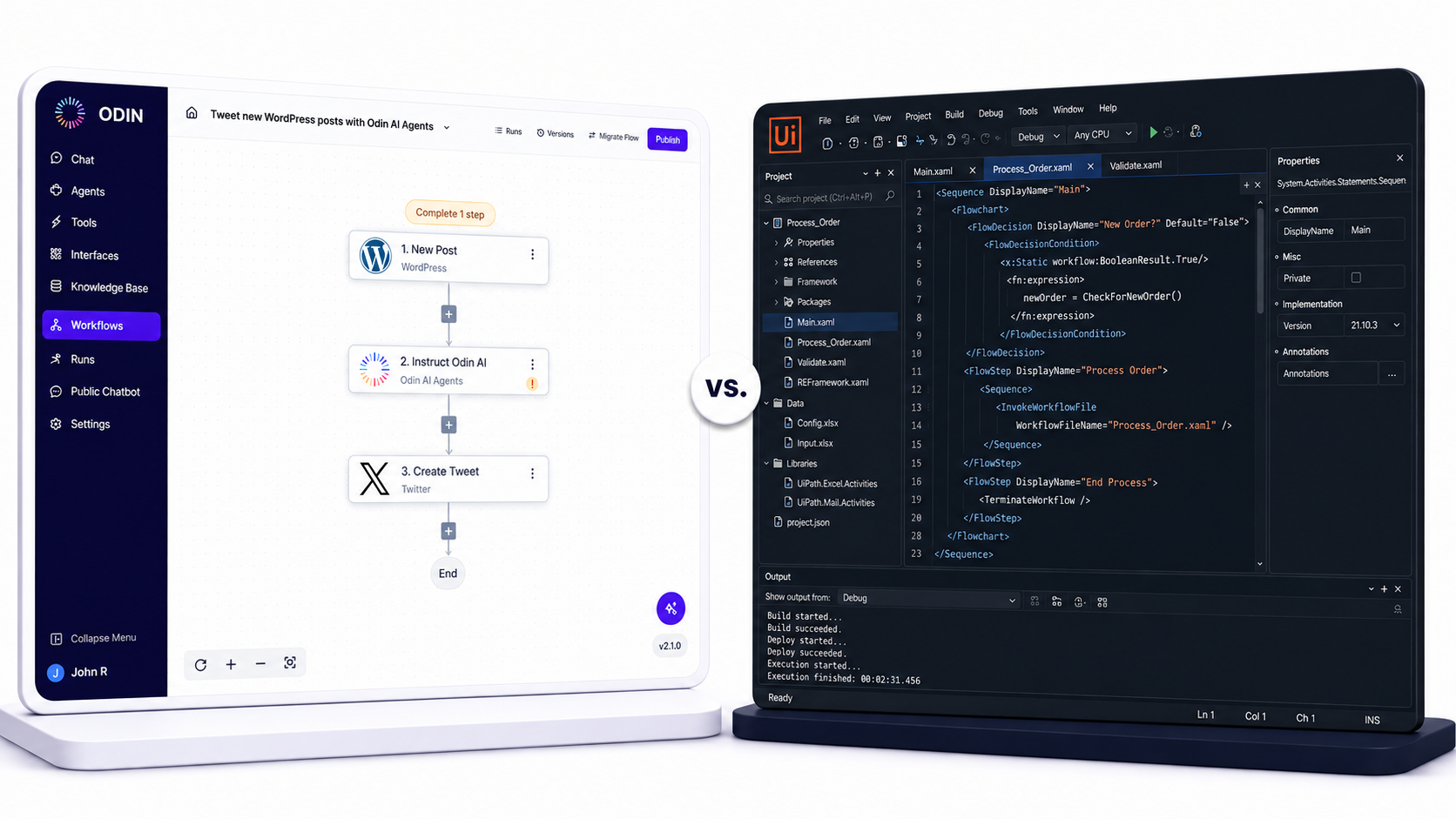Odin AI visual workflow builder vs UiPath developer IDE